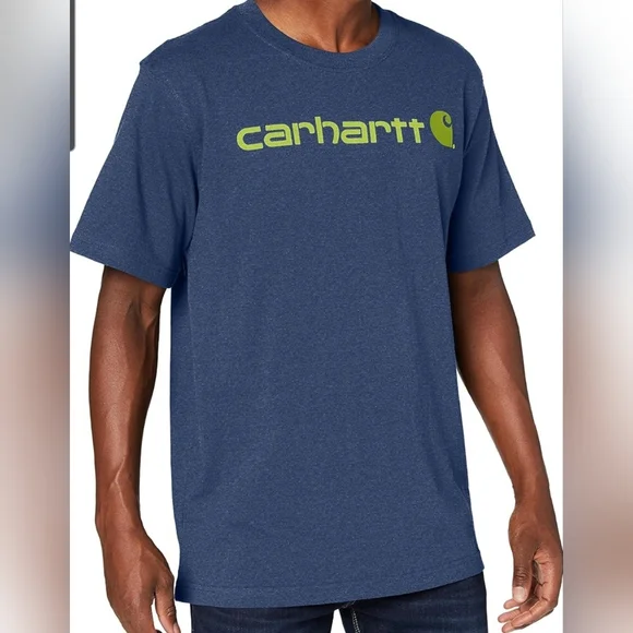 Carhartt Mens Medium Navy Blue/ Green Carhartt Logo Loose Fit Short Sleeve Shirt - Picture 1 of 8